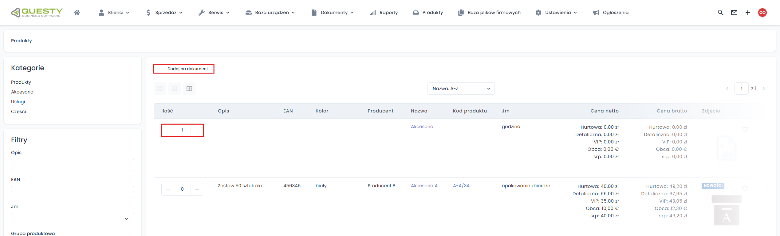 Przycisk "Dodaj na dokument"